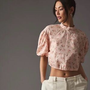Anthropologie Peach Floral Puff Sleeve Cropped Blouse